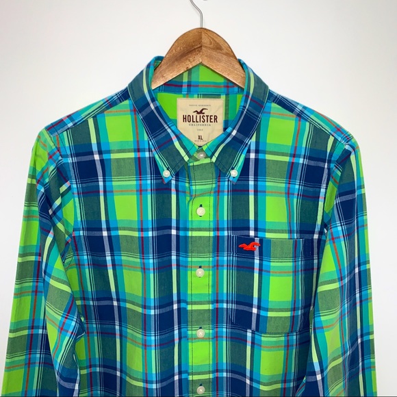 Hollister Men Size XL Shirt Plaid Soft Woven Long Sleeves Blue & Green - Picture 1 of 12